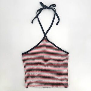 ⭐️ Y2K Cropped Striped Ribbed Halter Top Soft Girl Indie Tie Neck Red White Blue